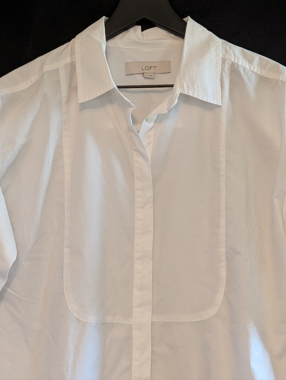 LOFT Poplin Modern Bib Shirt White Cropped Button Front Long Sleeve Med Tuxedo - Picture 4 of 7